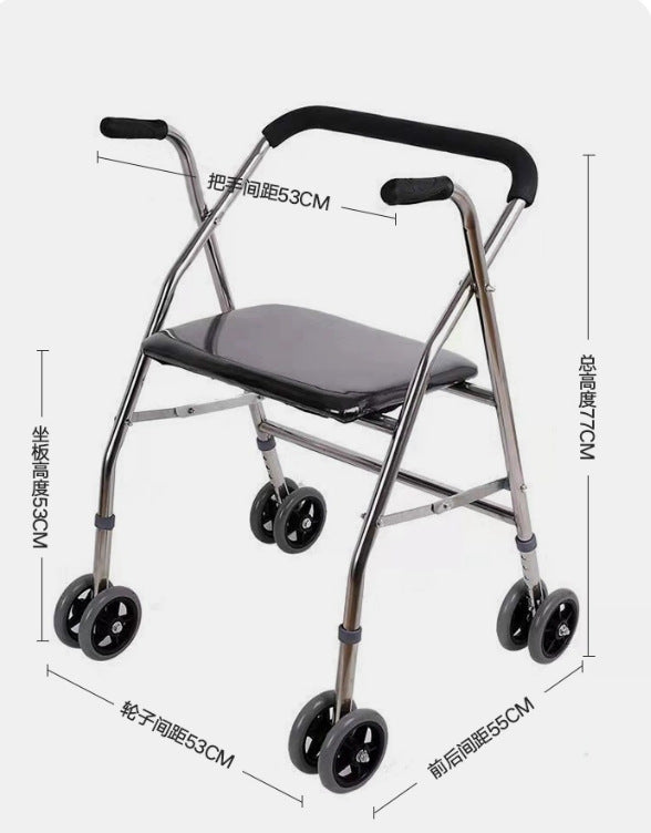 Sturdy Folding Walker with Wheels and Seat for Elderly 不锈钢轮座带4个双轮