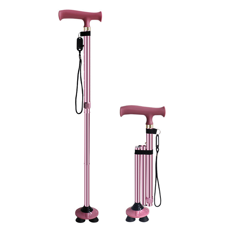 Foldable, Lightweight, Anti-slip Walking Canes for Seniors 粉红色折叠伸缩四脚手杖